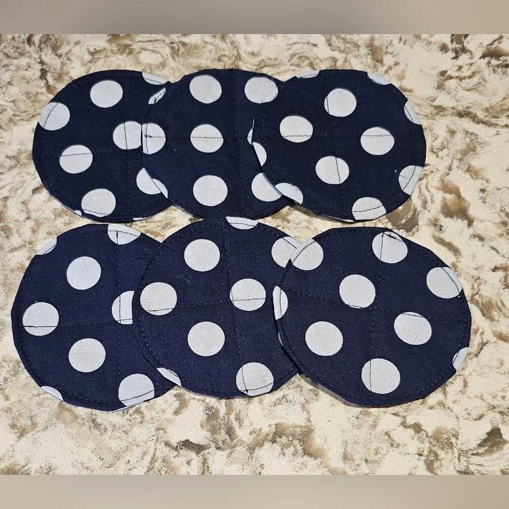 Handmade Blue Polka Dot Round Fabric Cotton Set Of 6 Washable Reusable Coasters